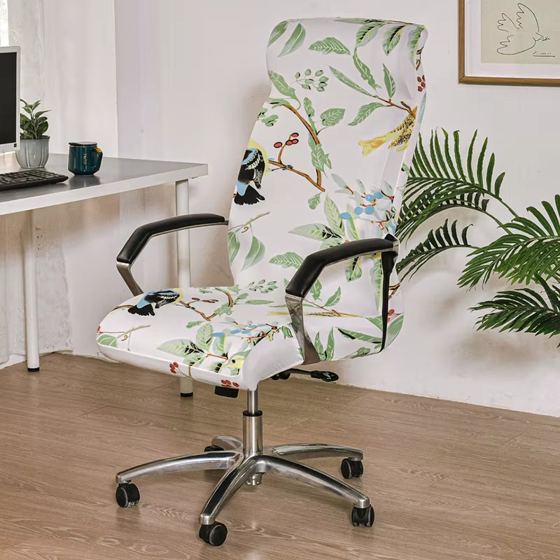 Anyseat Office Chair Cover White Leaves with Zipper Elastic Stretchable High Back Protector Slipcover