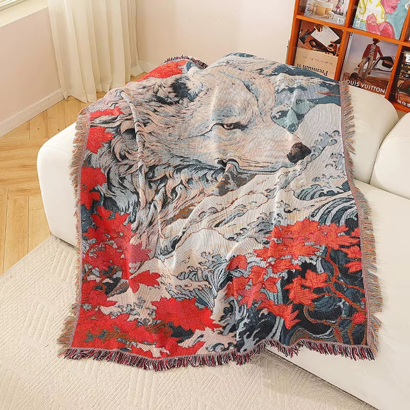 Anycozy Japanese Style Throw Blanket White Wolf Red Floral 130x160cm