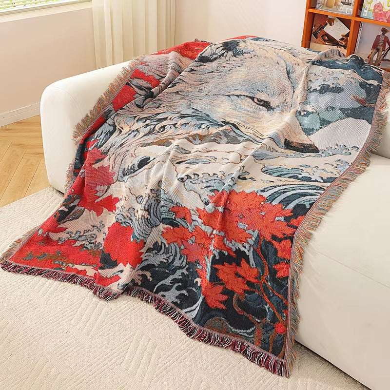 Anycozy Japanese Style Throw Blanket White Wolf Red Floral 130x160cm