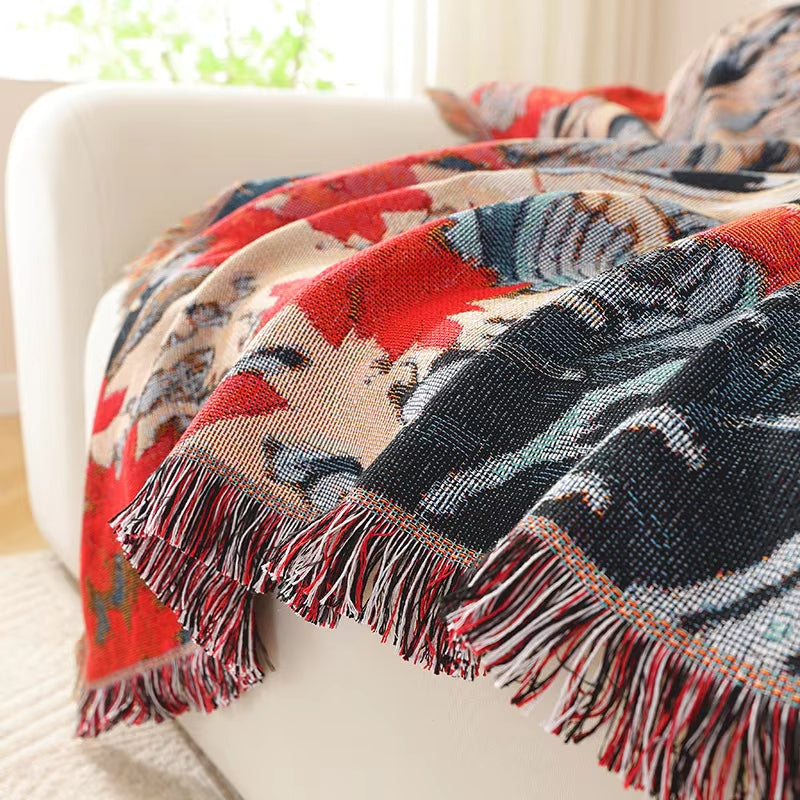Anycozy Japanese Style Throw Blanket White Wolf Red Floral 130x160cm