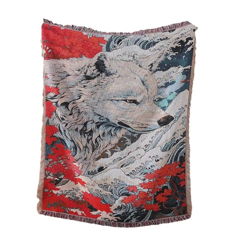 Anycozy Japanese Style Throw Blanket White Wolf Red Floral 130x160cm