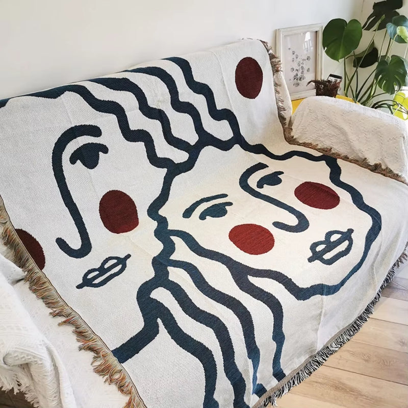 Anycozy Abstract Face Throw Blanket 130x160cm Tassel Camping Mat