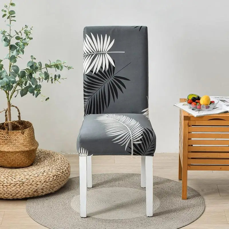 Anyseat Chair Cover Gray Leaf Print Elastic Slipcover Dining Decor