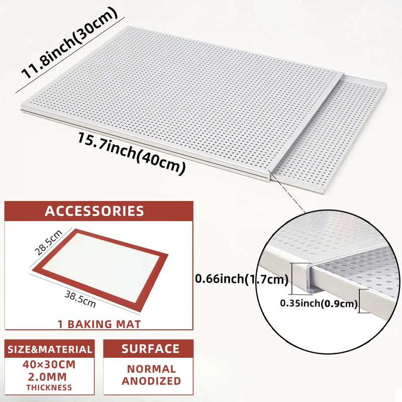 ANYGLEAM Baking Tray With 1Pc Silicone Mat Silver Rectangular Perforated Pastry Sheet Pan With Hole