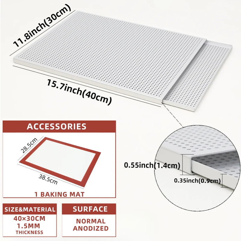 ANYGLEAM Baking Tray With 1Pc Silicone Mat Silver Rectangular Perforated Pastry Sheet Pan With Hole