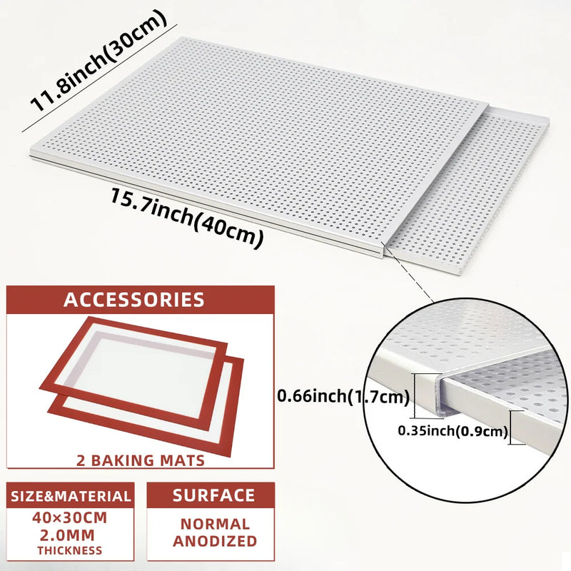 ANYGLEAM Baking Tray With 2Pc Silicone Mat Silver Rectangular Perforated Pastry Sheet Pan With Hole