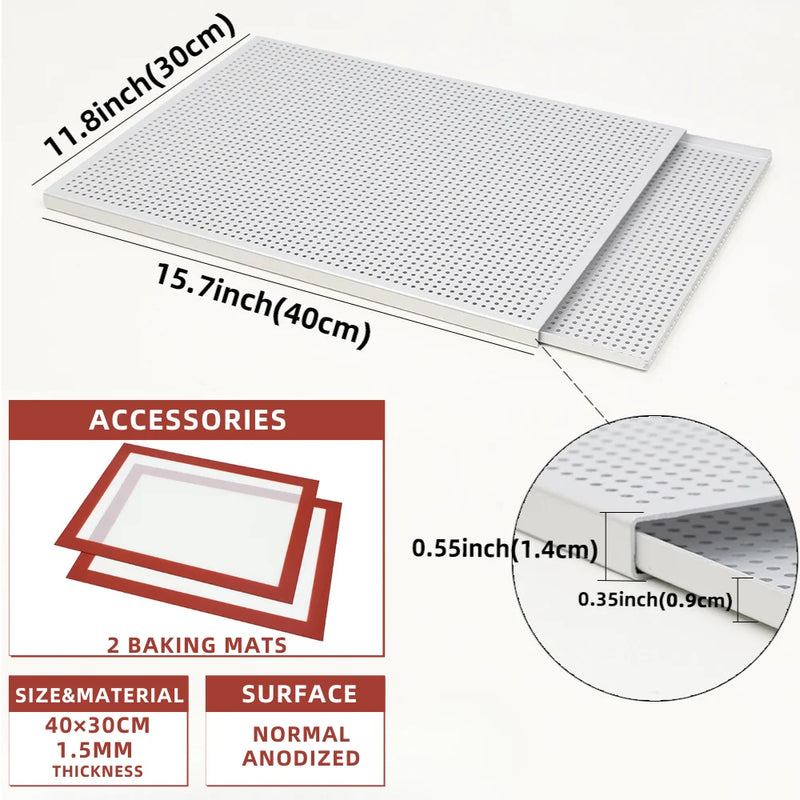 ANYGLEAM Baking Tray With 2Pc Silicone Mat Silver Rectangular Perforated Pastry Sheet Pan With Hole