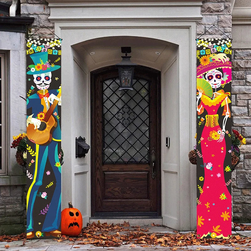 ANYDECO Halloween Skeleton Porch Sign 2Pcs Hanging Decoration