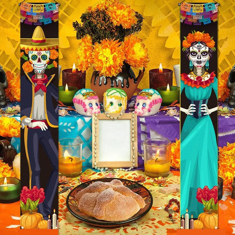 ANYDECO Halloween Skeleton Porch Sign 2Pcs Hanging Decoration