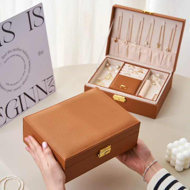 Anyvogue Jewelry Box Brown Large Capacity With Lock Soft Lining Leather Organizer