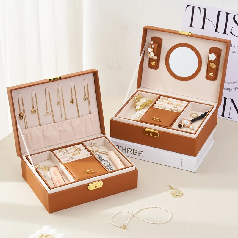 Anyvogue Jewelry Box Brown Large Capacity With Lock Soft Lining Leather Organizer