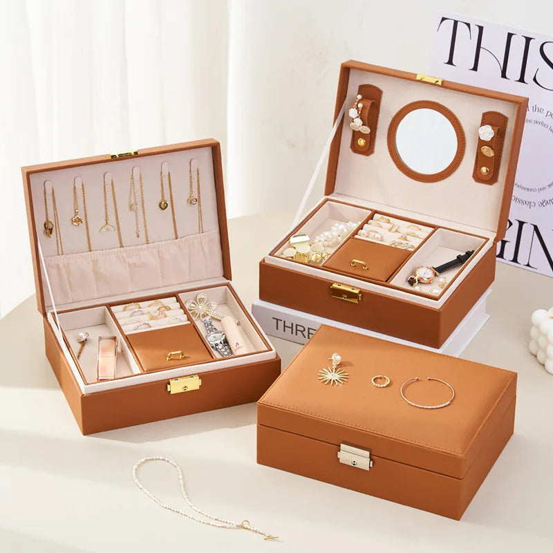 Anyvogue Jewelry Box Brown Large Capacity With Lock Soft Lining Leather Organizer