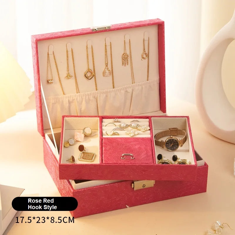 Anyvogue Jewelry Box Rose Red Large Capacity with Lock Soft Lining Leather Organizer