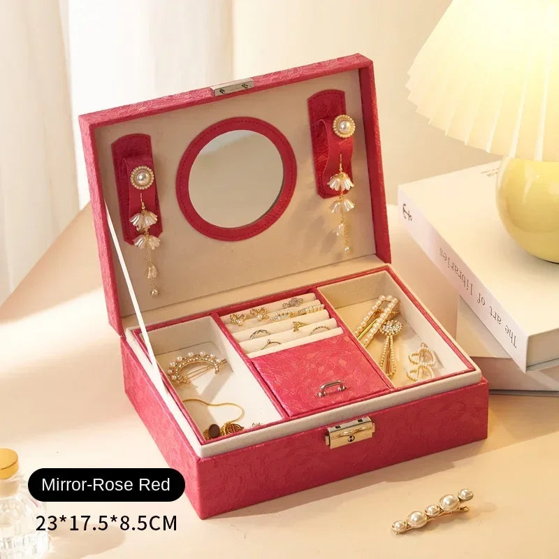 Anyvogue Jewelry Box Rose Red Large Capacity with Lock Soft Lining Leather Organizer