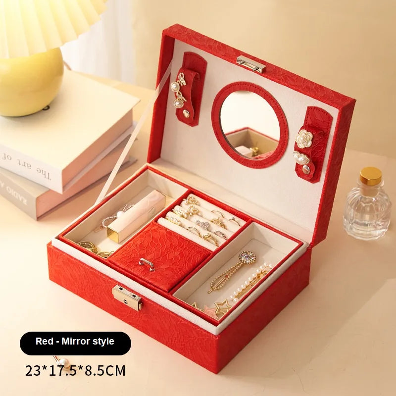 Anyvogue Jewelry Box Red Large Capacity With Lock Soft Lining Leather Organizer
