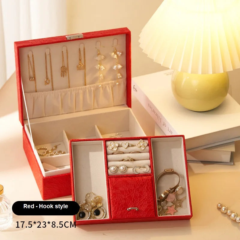 Anyvogue Jewelry Box Red Large Capacity With Lock Soft Lining Leather Organizer