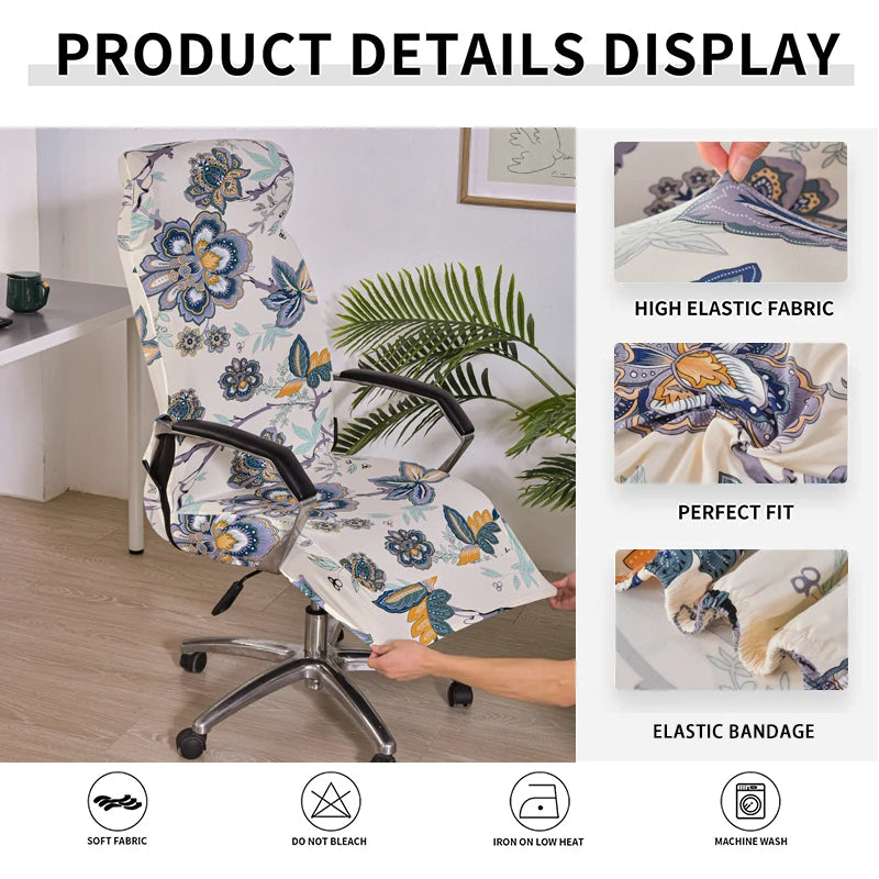 Anyseat Office Chair Cover Cream Floral with Zipper Elastic Stretchable High Back Protector Slipcover