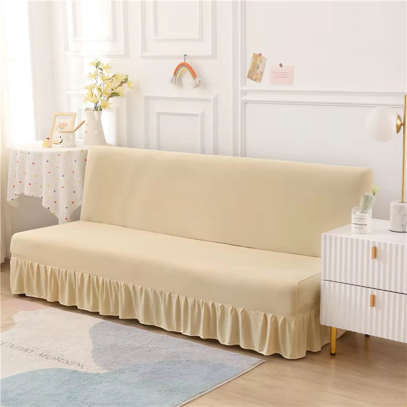 Anyseat Sofa Cover Beige Armless Futon Slipcover with Ruffle Skirt Stretch Sofa Bed Protector