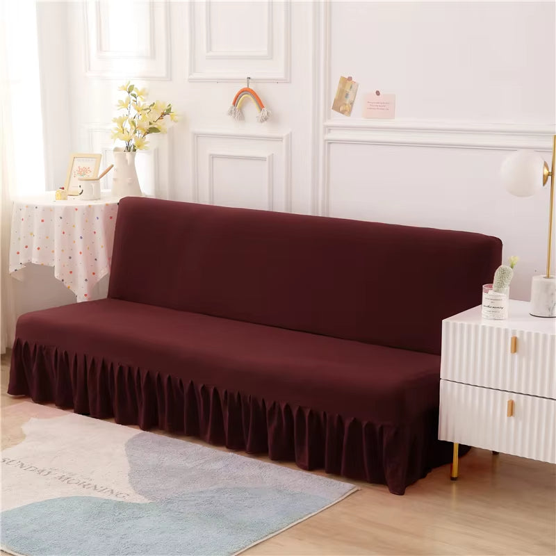 Anyseat Sofa Cover Wine Red Armless Futon Slipcover with Ruffle Skirt Stretch Sofa Bed Protector