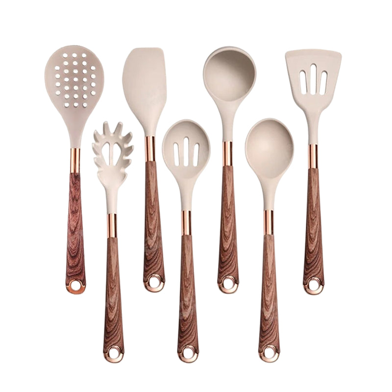 Anygleam Kitchen Utensils Non-stick Brown 7 Set Gold Plated Handle with Support Point Cooking Tool Accessories Heat Resistant Kitchenware