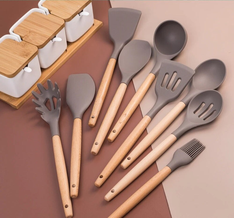 Anygleam Kitchen Utensils 8 Set Natural Beech Wooden Handle Cookware Tool with Storage Heat Resistant Non Stick Accessories