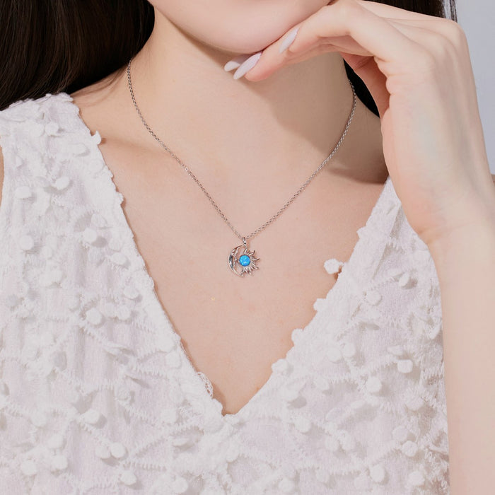 ANYCO Necklace 925 Silver for Women Half Moon and Sun White Pendant Rhodium Platting Jewelry