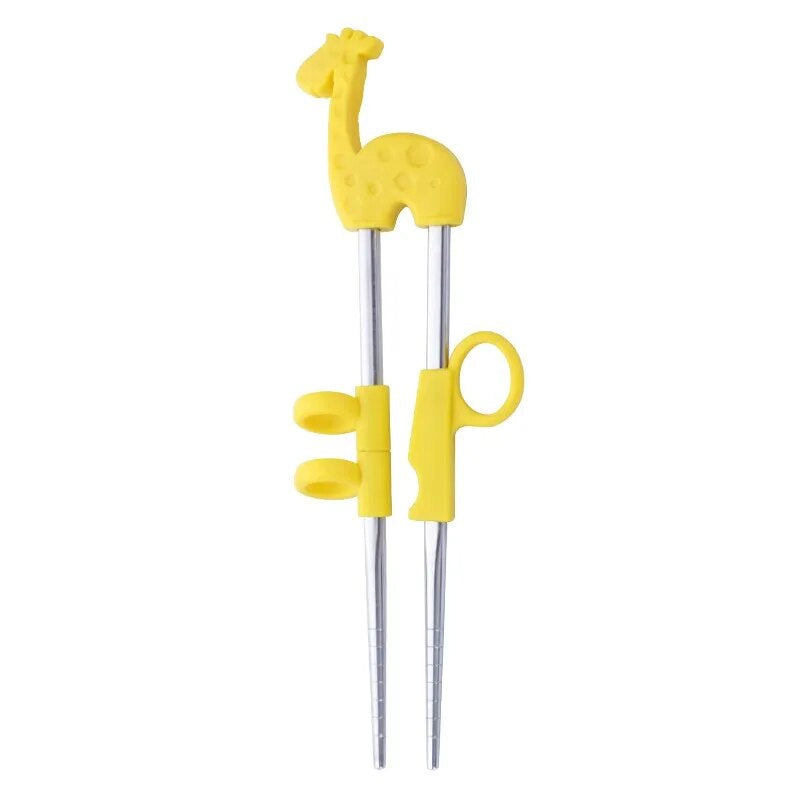 Anygleam Chop Stick Yellow Giraffe 1 Pair Reusable Silver Stainless Steel Cartoon for Kids and Children Kitchen Accessories