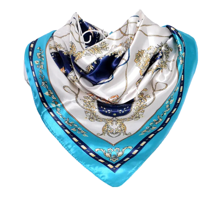 Anyyou Scarf for Women Elegant Lake Blue Satin Silk Shawl Fashion Accessories Chain Flowers Pattern Autumn Winter Scarves