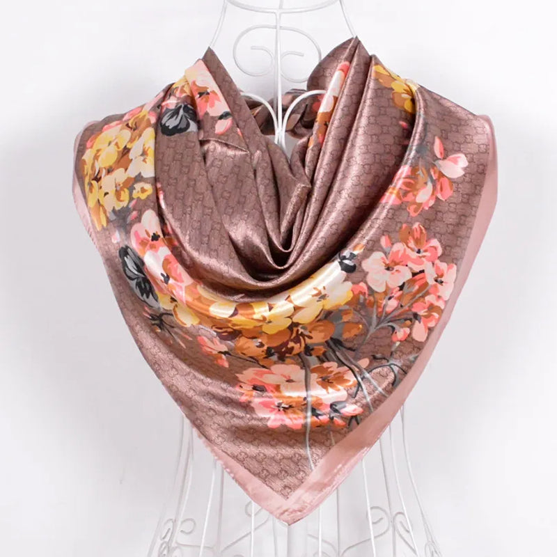 Anyyou Scarf for Women Floral Khaki Print Square Silk Shawl For Summer Spring And Fall