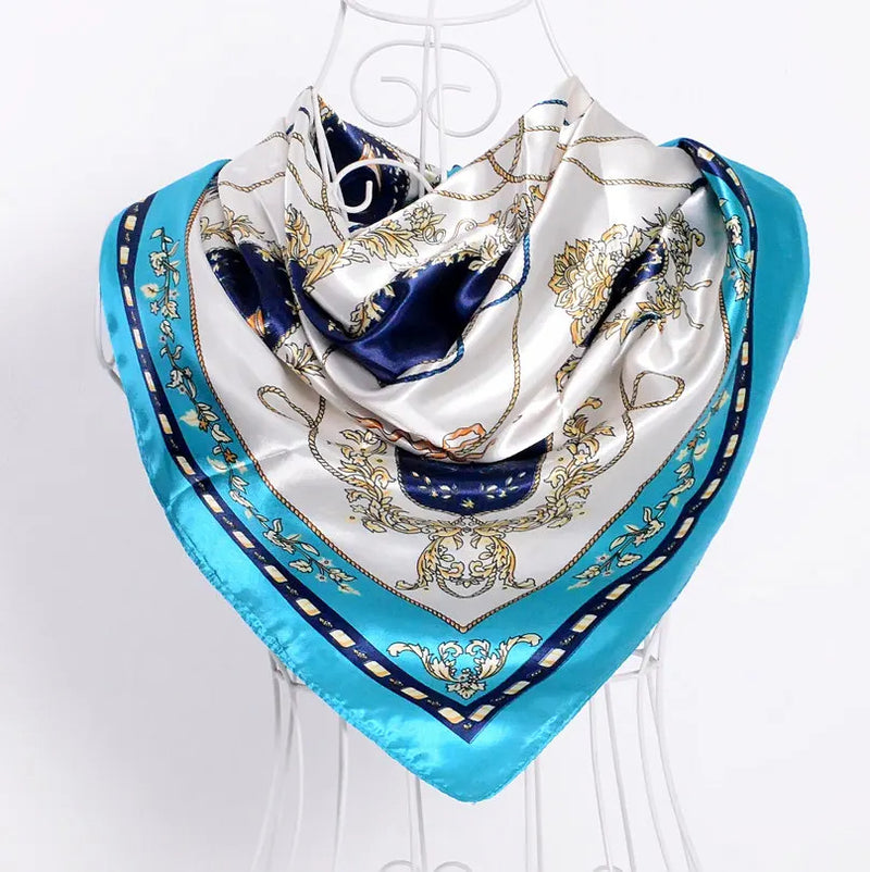 Anyyou Scarf for Women Elegant Lake Blue Satin Silk Shawl Fashion Accessories Chain Flowers Pattern Autumn Winter Scarves