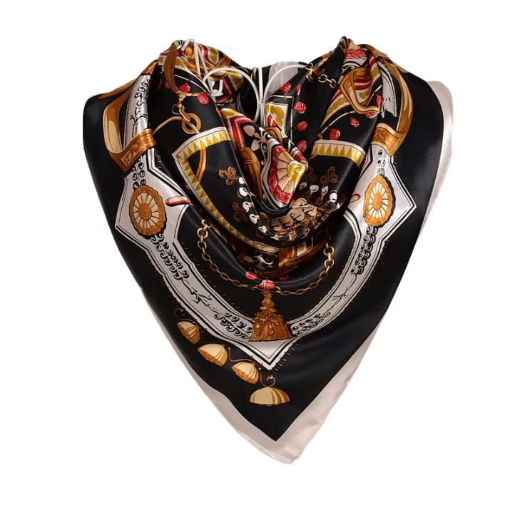 Anyyou Scarf for Women Gold Black Satin Silk Shawl Fashion Accessories Chain Flowers Pattern Autumn Winter Scarves