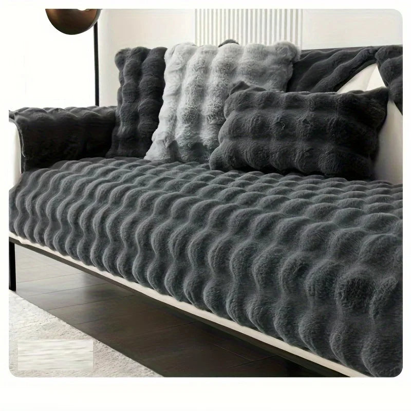Anyseat Sofa Towel Super Soft Rabbit Plush Dark Gray Thicken Bubble Velvet Non-slip Sectional Sofa Cover Non-slip L-shaped Couch Cover