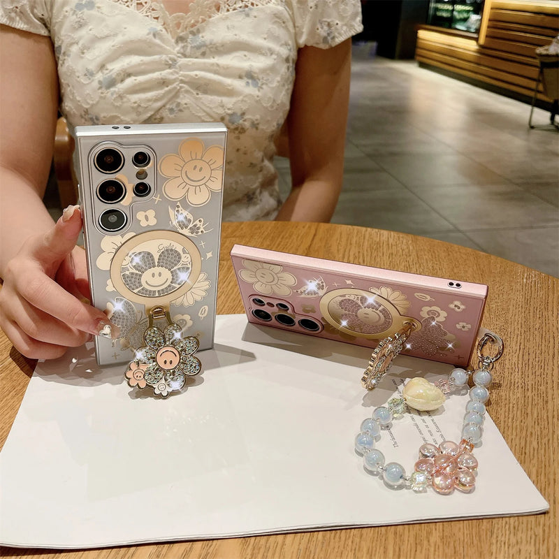 ANYMOB Samsung Case Pink Luxury Butterfly Flower Keychain Magnetic Ring Stand