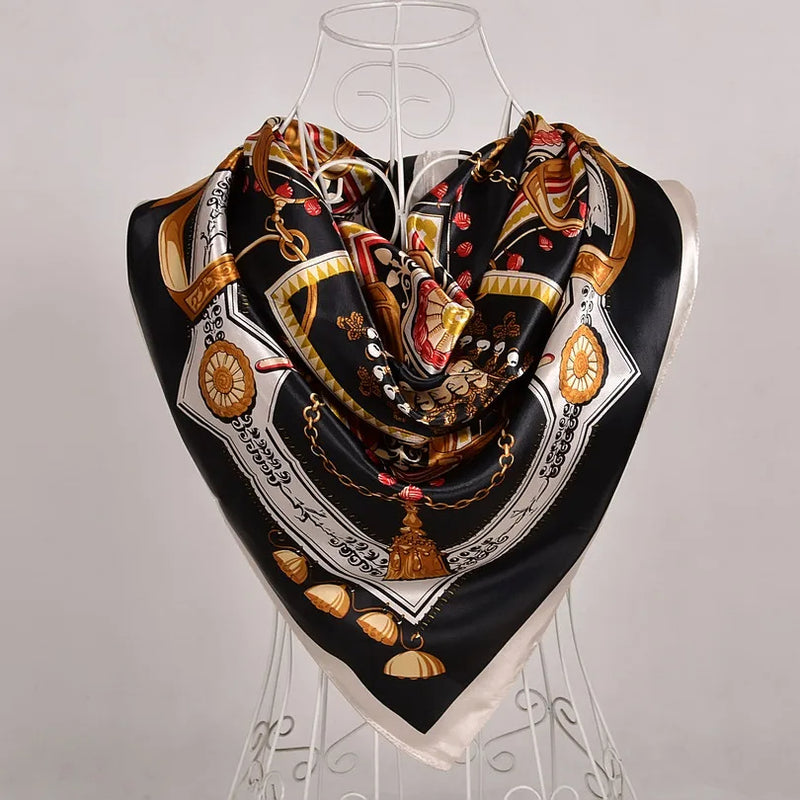 Anyyou Scarf for Women Gold Black Satin Silk Shawl Fashion Accessories Chain Flowers Pattern Autumn Winter Scarves