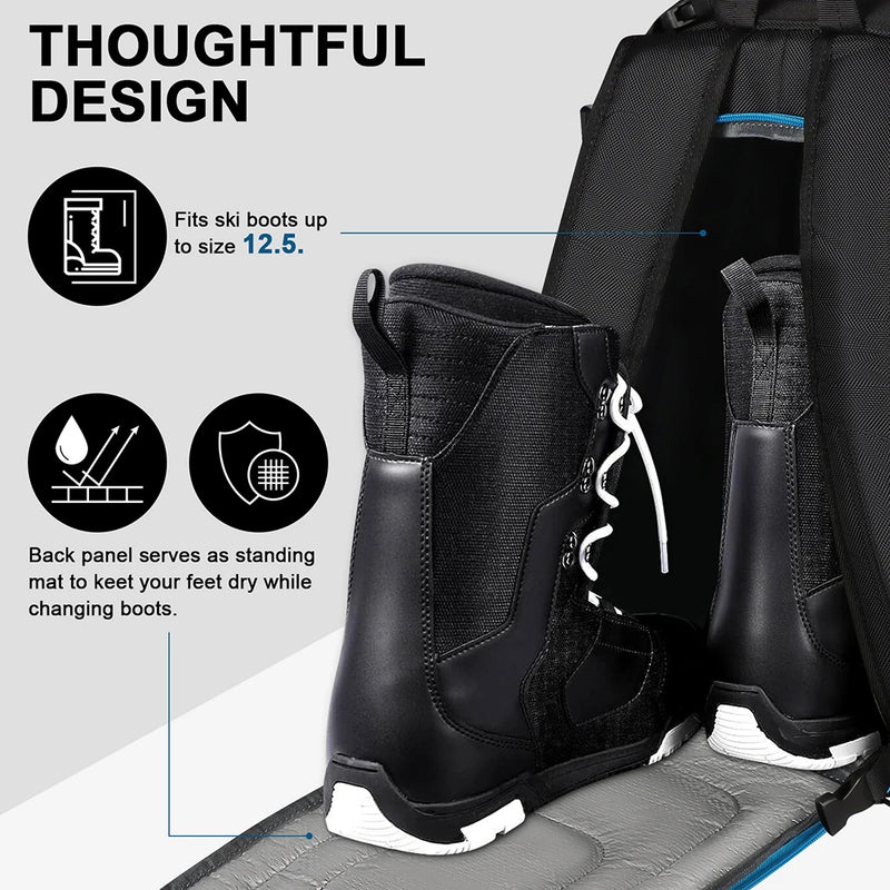 ANYPACK Ski Boot Bag Black Snowboard Travel Backpack With USB Charging Waterproof Anti Skid Bottom Extra Storage Padded Protection