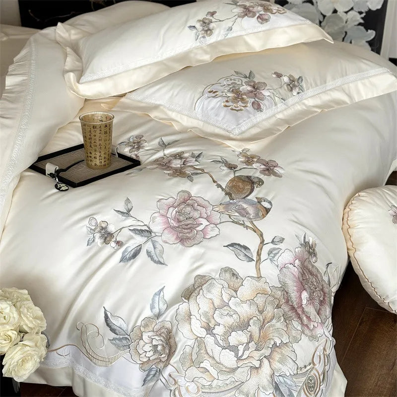 Anycozy Duvet Cover Set White Flat Bed Sheet Ultra Soft Egyptian Cotton Embroidery Quilt Bedding