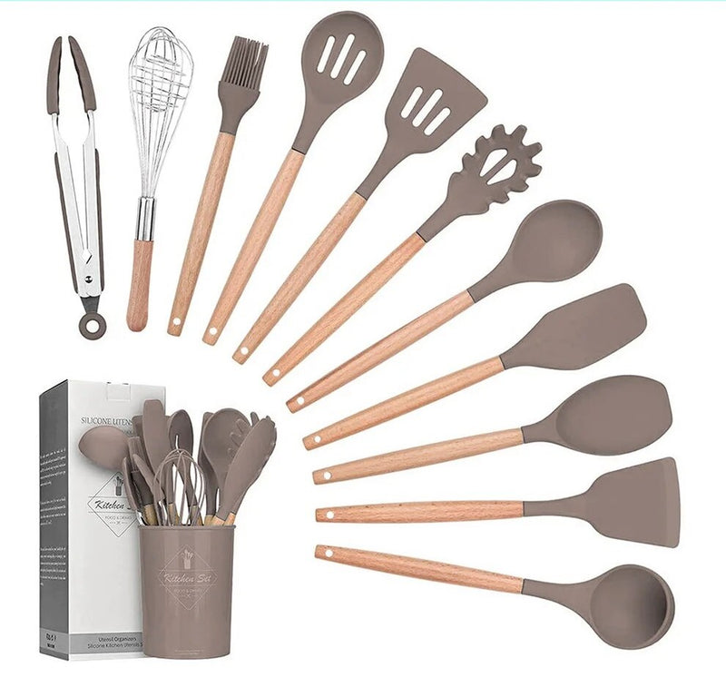 Anygleam Kitchen Utensils 7 Set Khaki Natural Beech Wooden Handle Cookware Tool with Storage Heat Resistant Non Stick Accessories