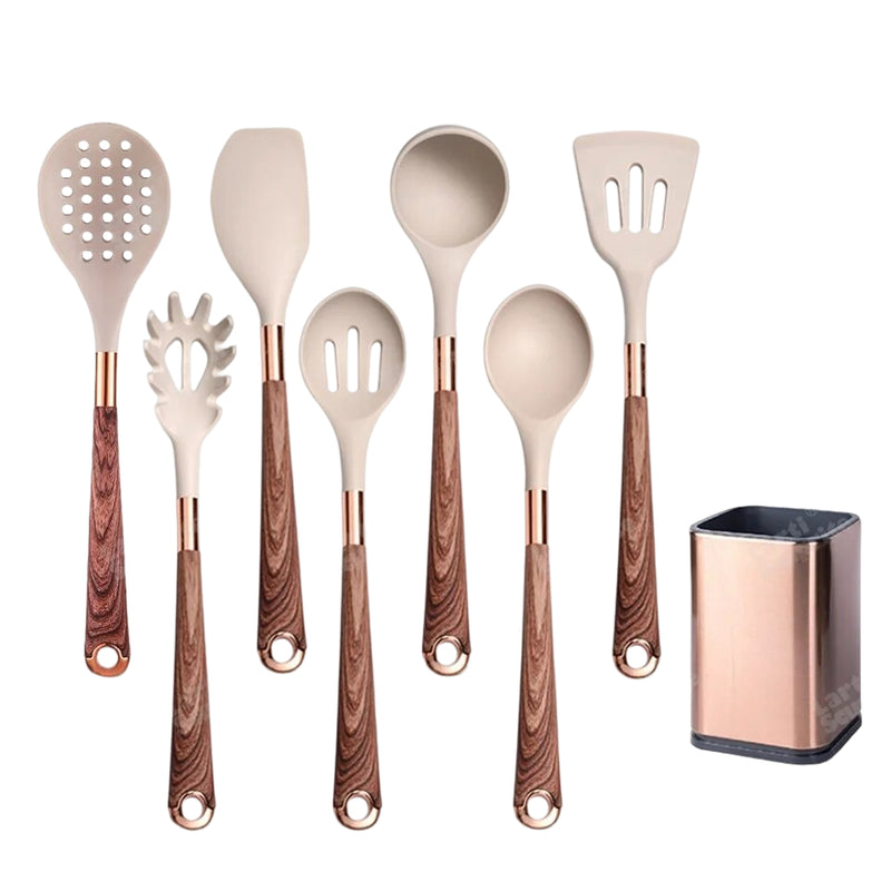 Anygleam Kitchen Utensils Non-stick Brown 7 Set Gold Plated Handle with Support Point and Storage Box Cooking Tool Accessories Heat Resistant Kitchenware
