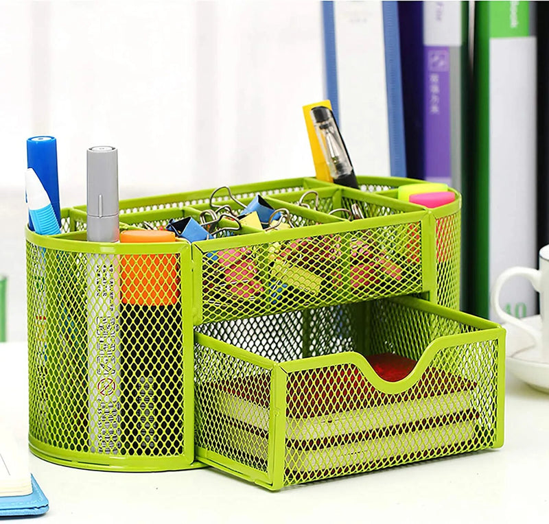 “AnyCraft Light Green Metal Mesh Desk Organizer with Large‑Capacity Compartments for Office & School Supplies”