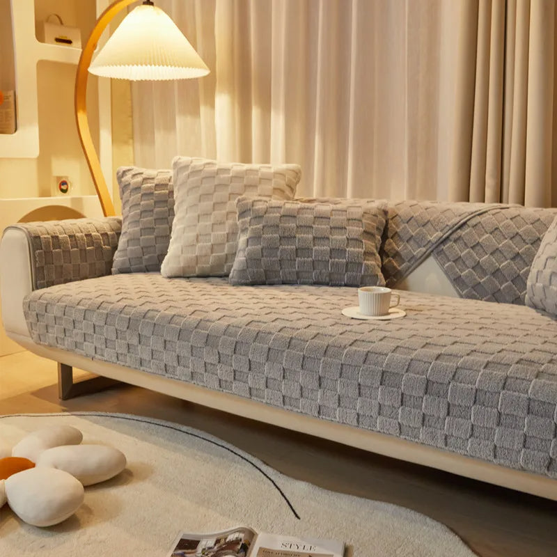 Anyseat Sofa Towel Super Soft Gray Velvet Plush Non-slip Sectional Sofa Covers for Living Room Thick L-shape Couch Covers