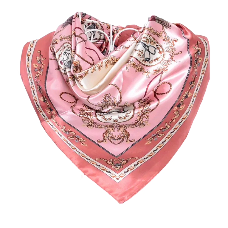 Anyyou Scarf for Women Elegant Pink Satin Silk Shawl Fashion Accessories Chain Flowers Pattern Autumn Winter Scarves
