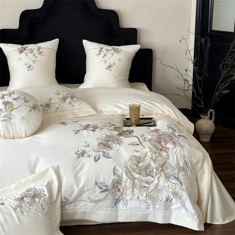 Anycozy Duvet Cover Set White Flat Bed Sheet Ultra Soft Egyptian Cotton Embroidery Quilt Bedding