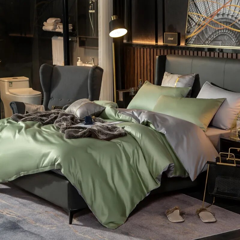Anycozy Bed Sheet Green Light Grey Ultra Soft Luxury Egyptian Cotton Bedding Cover Twin Size 4 Pcs Bed Set