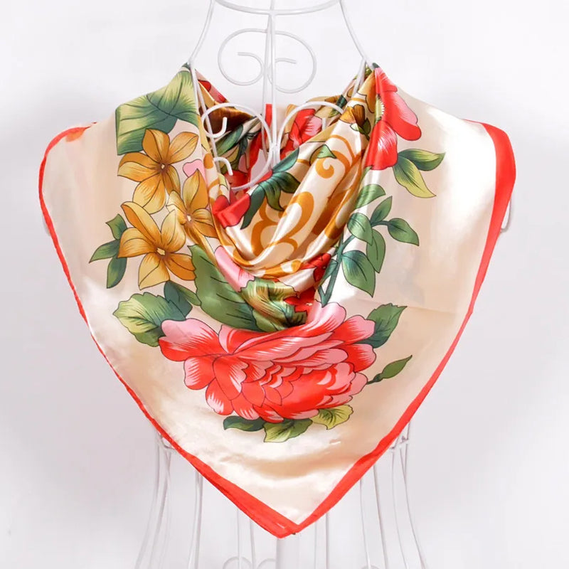 Anyyou Scarf for Women Peony Beige Print Square Silk Shawl For Summer Spring And Fall