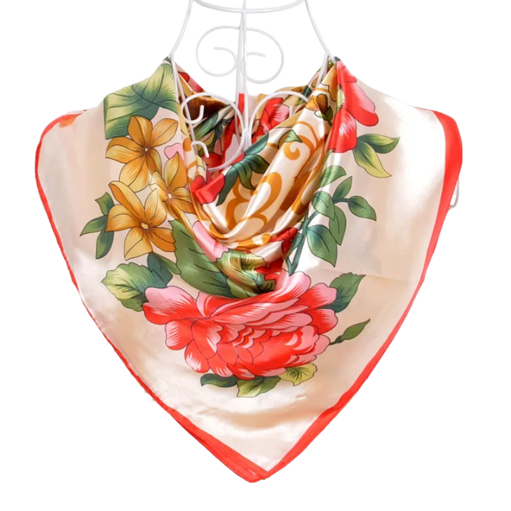 Anyyou Scarf for Women Peony Beige Print Square Silk Shawl For Summer Spring And Fall