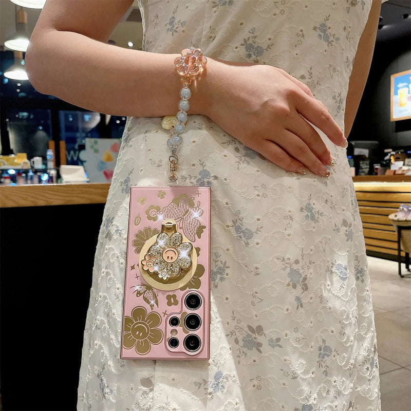 ANYMOB Samsung Case Gold Luxury Butterfly Flower Keychain Magnetic Ring Stand