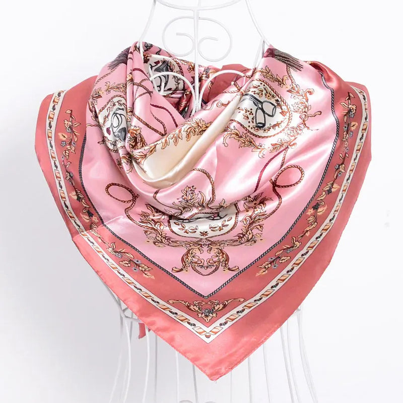 Anyyou Scarf for Women Elegant Pink Satin Silk Shawl Fashion Accessories Chain Flowers Pattern Autumn Winter Scarves