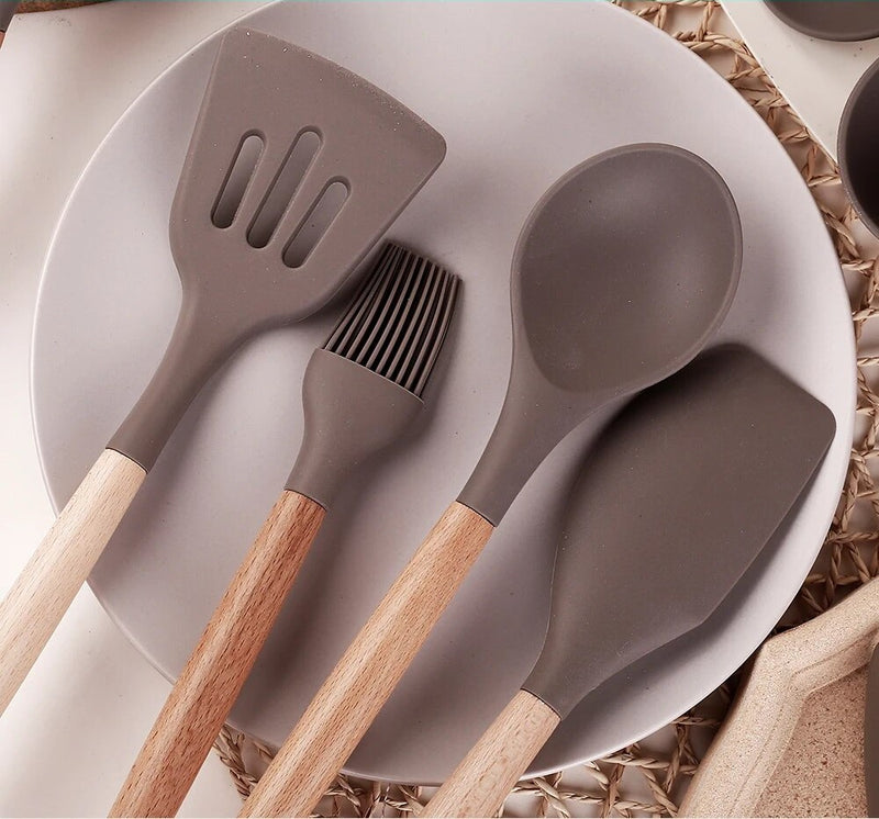 Anygleam Kitchen Utensils 7 Set Natural Beech Wooden Handle Cookware with 1 Tong and 1 Storage Tool with Storage Heat Resistant Non Stick Accessories