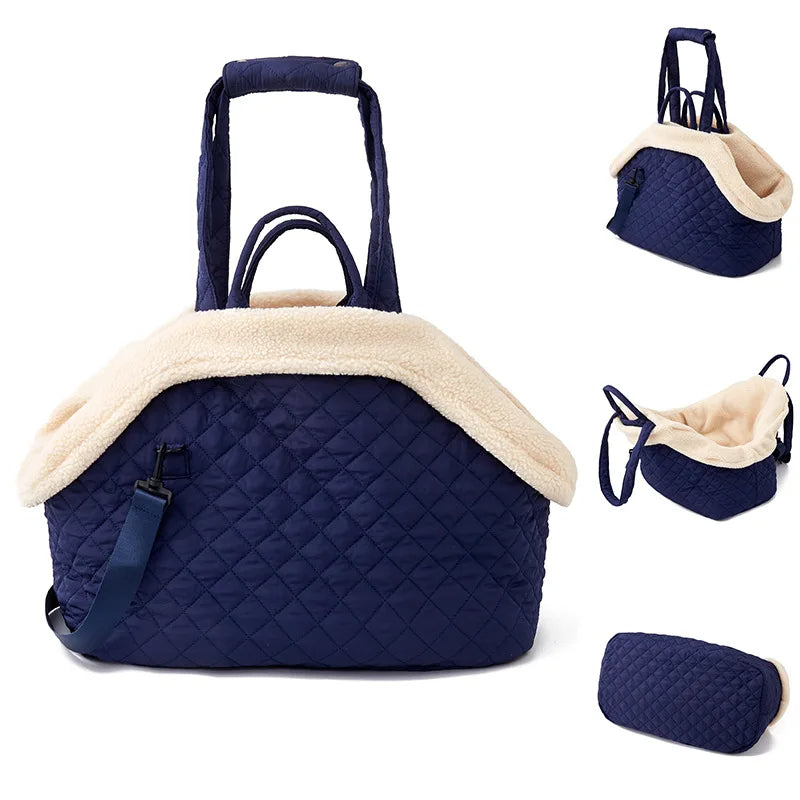 ANYWAGS Pet Carrier Thicken Navy Korean Inspired Pet Hand Bag or Shoulder Bag with Quilted Cotton Portable Bag