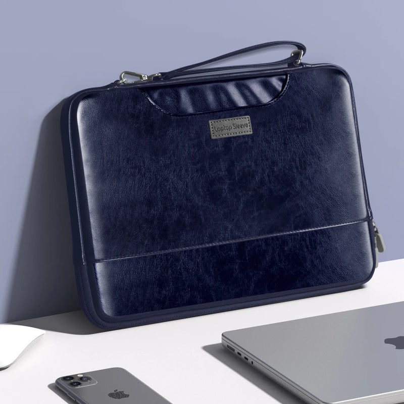 ANYPACK Laptop Handbag Navy Blue Vegan Leather Sleek Protector Durable Lightweight For Travel And Work